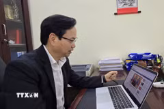 Tiến sỹ Nguyễn Đình Hoàng nghiên cứu thông tin về Đại hội Đại biểu toàn quốc lần thứ XIV của đảng trên website của Thông tấn xã Việt Nam. (Ảnh: Minh Thu/TTXVN)
