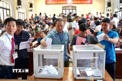 Nhà đầu tư tham gia bỏ giá theo phương thức bỏ giá lên cho mỗi ô đất tại phiên đấu giá đất ở xã Triệu Việt Vương (Hưng Yên). (Ảnh: Mạnh Khánh/TTXVN)