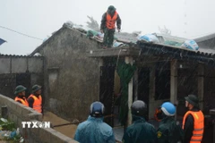 Các cán bộ chiến sỹ Bộ đội Biên phòng bất chất mưa gió, nguy hiểm tích cực hỗ trợ người dân sống ven biển chằng chống nhà cửa. (Ảnh: Văn Dũng/TTXVN)