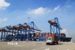 Xe chở container hoạt động trên cảng quốc tế Gemalink thuộc hệ thống Cảng biển Cái Mép. (Ảnh: Hồng Đạt/TTXVN)