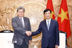 Trưởng Ban Tổ chức Trung ương Nguyễn Duy Ngọc tiếp Quyền Tổng Thư ký Đảng Dân chủ Tự do Nhật Bản (LDP) Hagiuda Koichi. (Ảnh: Phương Hoa/TTXVN)