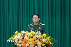 Đại tướng Phan Văn Giang, Ủy viên Bộ Chính trị, Phó Bí thư Quân ủy Trung ương, Bộ trưởng Bộ Quốc phòng, Đại biểu Quốc hội khóa XV tỉnh Thái Nguyên phát biểu tại Hội nghị. (Ảnh: Thu Hằng/TTXVN)