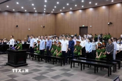 Các bị cáo tại phiên xét xử sơ thẩm vụ án xảy ra tại Tập đoàn FLC. (Ảnh: Phạm Kiên/TTXVN)