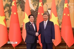 Tổng Bí thư, Chủ tịch nước Trung Quốc Tập Cận Bình đón Chủ tịch nước Lương Cường. (Ảnh: Lâm Khánh/TTXVN)