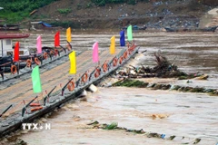 Đóng cầu phao Phong Châu nhằm đảm bảo an toàn. (Ảnh: Tạ Toàn/TTXVN)
