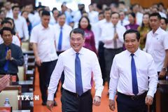 Thủ tướng Lê Minh Hưng đến chủ trì làm việc với Ban Thường vụ Thành ủy Thành phố Hồ Chí Minh. (Ảnh: Dương Giang/TTXVN)