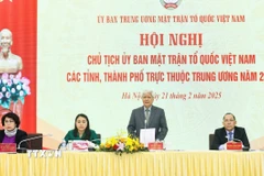 Chủ tịch Ủy ban Trung ương Mặt trận Tổ quốc Việt Nam Đỗ Văn Chiến chủ trì hội nghị. (Ảnh: Minh Đức/TTXVN)