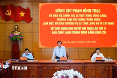 Ủy viên Bộ Chính trị, Bí thư Trung ương Đảng, Trưởng Ban Nội chính Trung ương Phan Đình Trạc, phát biểu chỉ đạo tại buổi làm việc với Ban thường vụ 2 tỉnh Long An và Tây Ninh. (Ảnh: TTXVN phát)