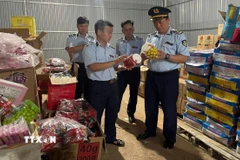 Công chức Đội Quản lý thị trường số 1 phối hợp kiểm tra hàng hóa vi phạm. (Ảnh: TTXVN phát)