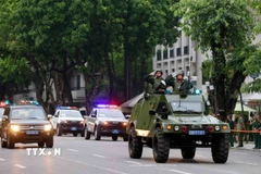 Khối xe ôtô Cảnh sát cơ động tham gia buổi tổng duyệt. (Ảnh: Phạm Kiên/TTXVN)