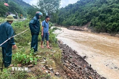 UBND xã Tương Dương đã cử lực lượng dân quân, an ninh tổ chức canh gác, cắm biển cảnh báo, cấm người dân tiếp cận khu vực phát hiện bom. (Ảnh: TTXVN phát)