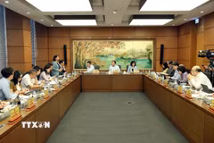 Đoàn đại biểu Quốc hội thành phố Hà Nội thảo luận tại tổ. (Ảnh: An Đăng/TTXVN)