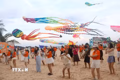 Lễ hội thả diều - Hello Sunny tại khu vực biển Mũi Né, Lâm Đồng. (Ảnh: Nguyễn Thanh/TTXVN)