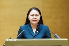 Bà Nguyễn Thị Thu Hà, Ủy viên Trung ương Đảng, Phó Chủ tịch, Tổng Thư ký Ủy ban Trung ương Mặt trận Tổ quốc Việt Nam trình bày Quy trình các bước hiệp thương lựa chọn, giới thiệu người ứng cử đại biểu Quốc hội, người ứng cử đại biểu Hội đồng nhân dân và việc tổ chức hội nghị lấy ý kiến cử tri. (Ảnh: Doãn Tấn/TTXVN)