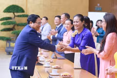 Thủ tướng Phạm Minh Chính gặp mặt đại diện các nhà giáo tiêu biểu toàn quốc. (Ảnh: Dương Giang/TTXVN)
