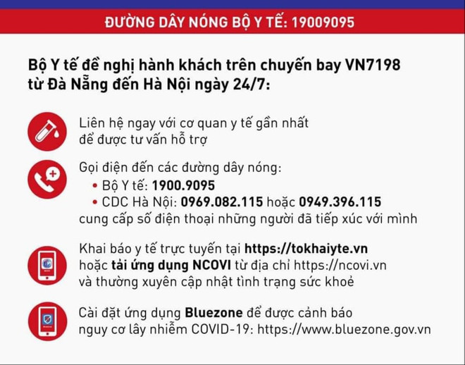 Thông báo khẩn của Bộ Y tế về chuyến bay VN7198 từ Đà Nẵng-Hà Nội ảnh 1