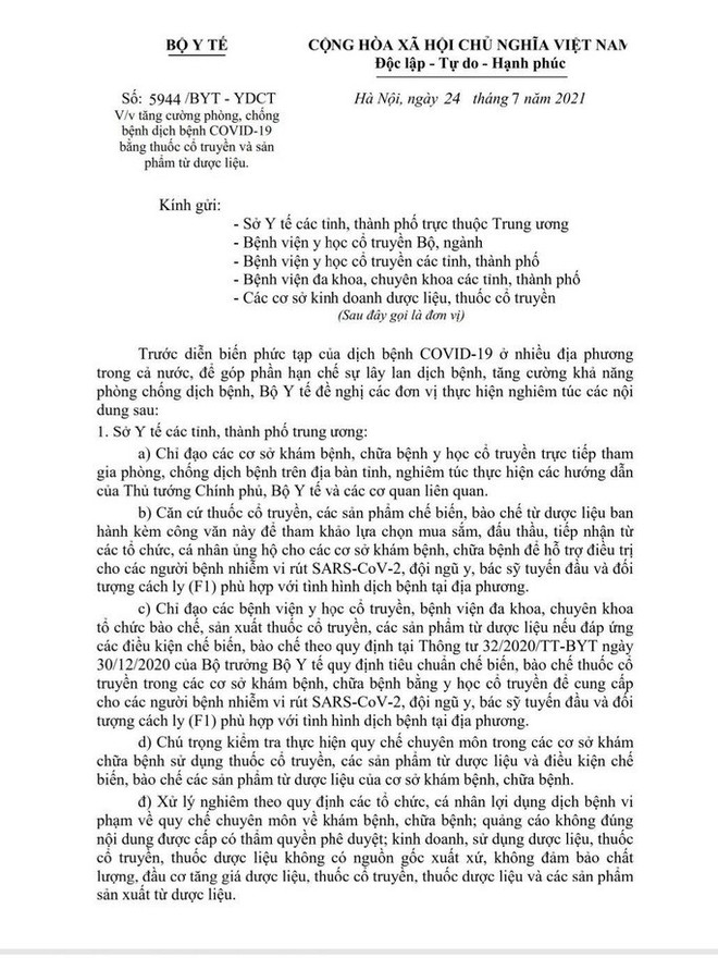 Bộ Y tế thu hồi công văn 5944/BYT-YDCT về việc tăng cường phòng, chống dịch COVID-19 bằng thuốc cổ truyền và sản phẩm từ dược liệu. Bộ Y tế thu hồi văn bản về 12 thuốc cổ truyền hỗ trợ điều trị COVID-19 ảnh 2