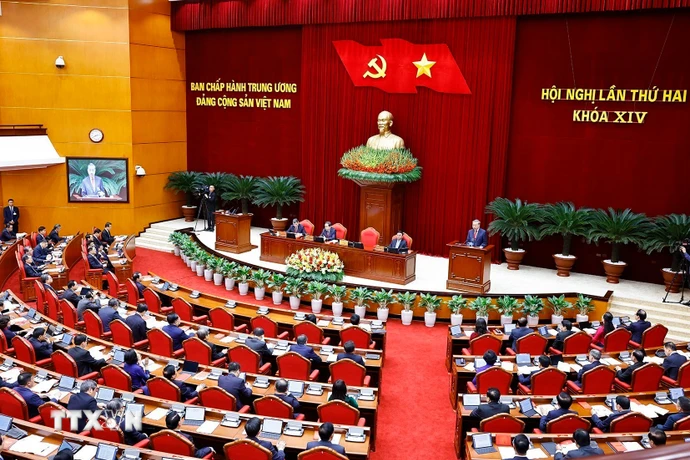 Tổng Bí thư Tô Lâm phát biểu khai mạc Hội nghị lần thứ hai Ban Chấp hành Trung ương Đảng khóa XIV. (Ảnh: Doãn Tấn/TTXVN)