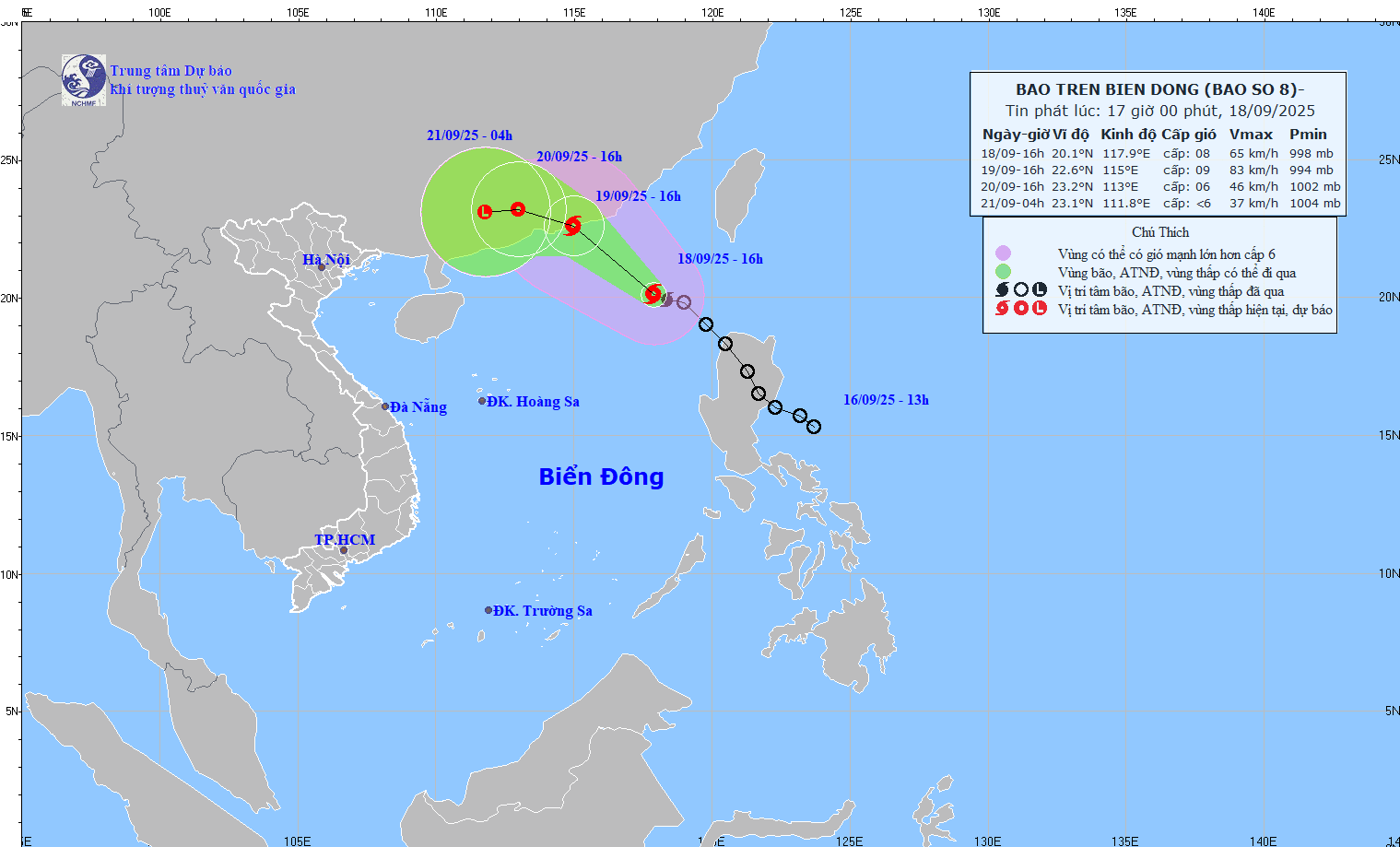 Hướng di chuyển của bão. (Nguồn: Trung tâm Dự báo Khí tượng Thủy văn)