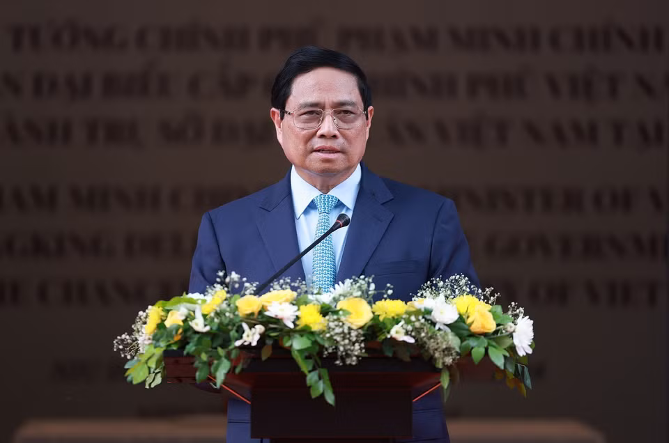 Thủ tướng Phạm Minh Chính phát biểu tại Lễ khánh thành Trụ sở Đại sứ quán Việt Nam ở Thủ đô New Delhi, Ấn Độ. (Ảnh: Dương Giang/TTXVN)