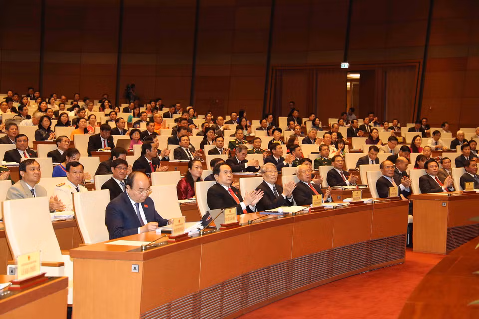 Các lãnh đạo, nguyên lãnh đạo Đảng và Nhà nước dự phiên khai mạc. (Ảnh: Trọng Đức/TTXVN)