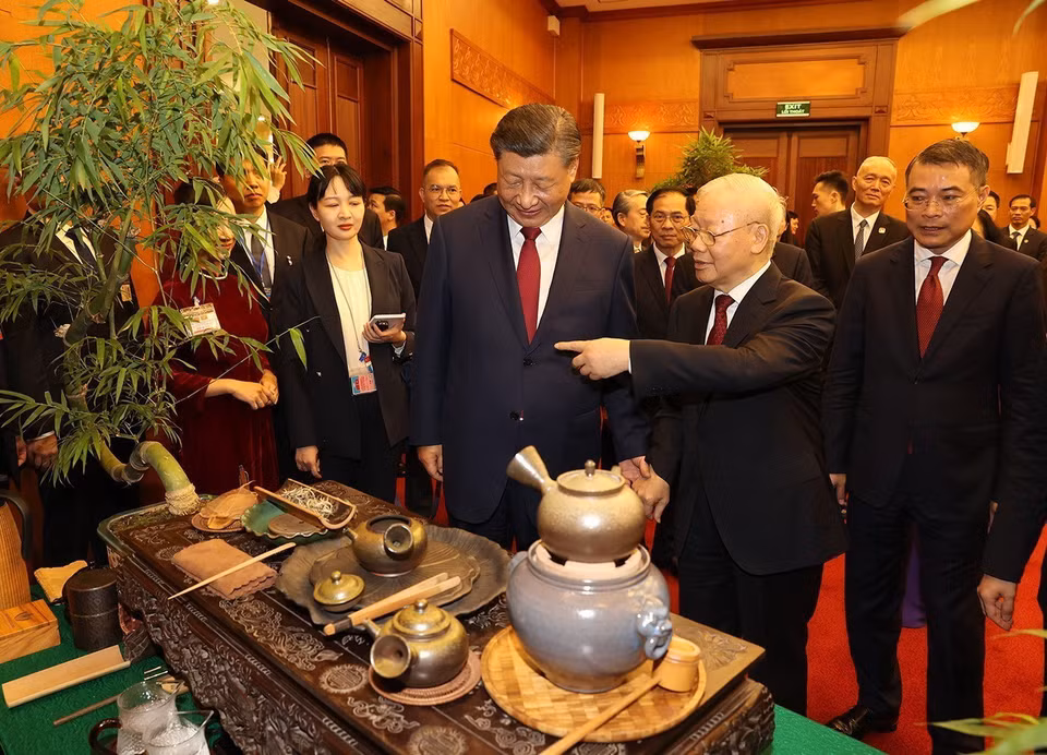 Tổng Bí thư Nguyễn Phú Trọng và Tổng Bí thư, Chủ tịch nước Trung Quốc Tập Cận Bình nghe giới thiệu về trà. (Ảnh: Trí Dũng/TTXVN)