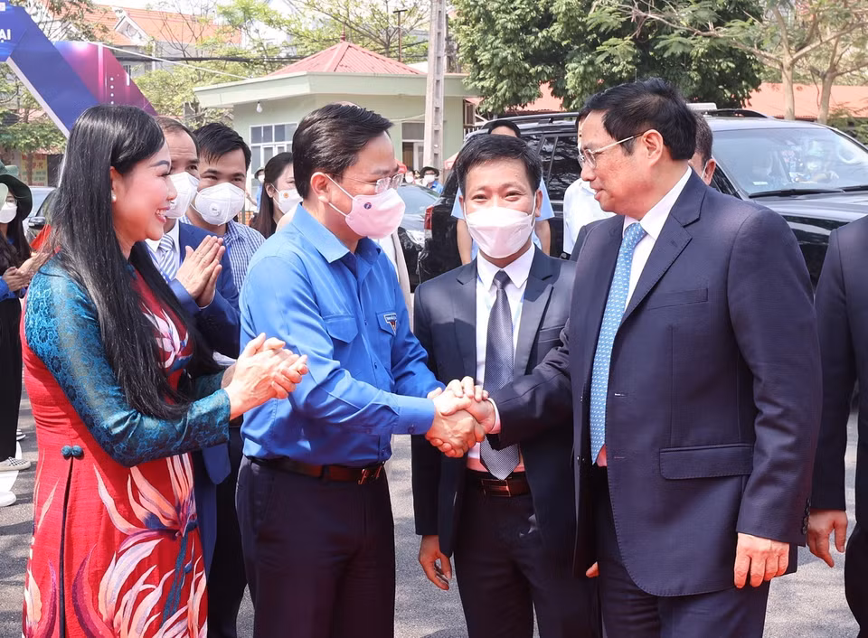 Thủ tướng Phạm Minh Chính đến dự Ngày hội Khởi nghiệp Quốc gia của học sinh, sinh viên lần thứ tư. (Ảnh: Dương Giang/TTXVN)