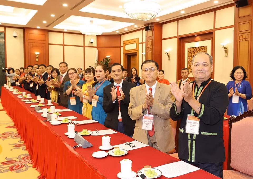 Các đại biểu tham dự buổi gặp mặt Tổng Bí thư Nguyễn Phú Trọng. (Ảnh: Trí Dũng/TTXVN)