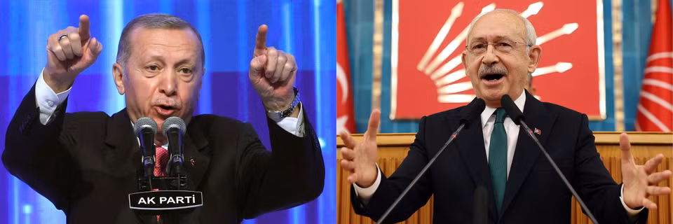 Đương kim Tổng thống Recep Tayyip Erdogan (trái) và đối thủ Kemal Kilicdaroglu thuộc Liên minh quốc gia và đảng Nhân dân Cộng hòa (CHP) đối lập. (Ảnh: AFP/TTXVN)