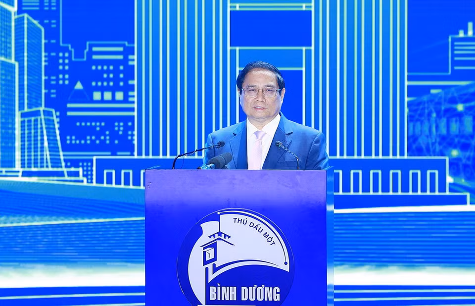 Thủ tướng Phạm Minh Chính phát biểu tại Hội nghị công bố Quy hoạch và Xúc tiến đầu tư tỉnh Bình Dương. (Ảnh: Dương Giang/TTXVN)