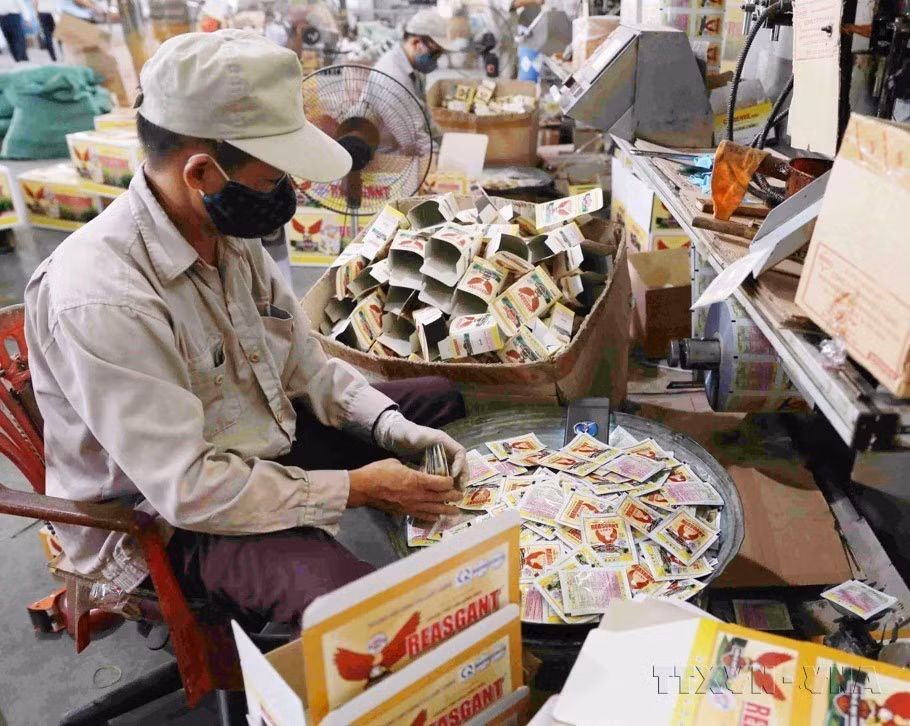 Công ty TNHH Việt Thắng (VITHACO) chuyên gia công thuốc bảo vệ thực vật, thức ăn chăn nuôi và kinh doanh phân bón phục vụ trong nông nghiệp, cung cấp cho thị trường trong nước và xuất khẩu sang Lào và Campuchia. (Ảnh: Vũ Sinh/TTXVN)