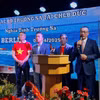 Đại sứ Việt Nam tại Đức Vũ Quang Minh phát biểu tại buổi gặp gỡ. (Ảnh: Vũ Tùng/TTXVN)