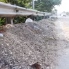 Dăm gỗ rơi vãi trên mặt đường Quốc lộ 24C được người dân thu gom dọc vỉa hè. (Ảnh: Phạm Cường /TTXVN)