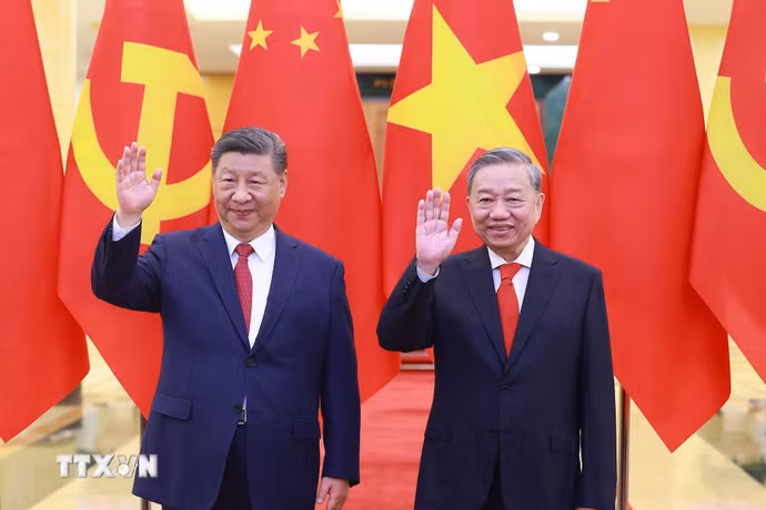Chiều 14/4/2025, tại Trụ sở Trung ương Đảng, Tổng Bí thư Tô Lâm hội đàm với Tổng Bí thư, Chủ tịch nước Trung Quốc Tập Cận Bình thăm cấp Nhà nước tới Việt Nam. (Ảnh: Thống Nhất/TTXVN)