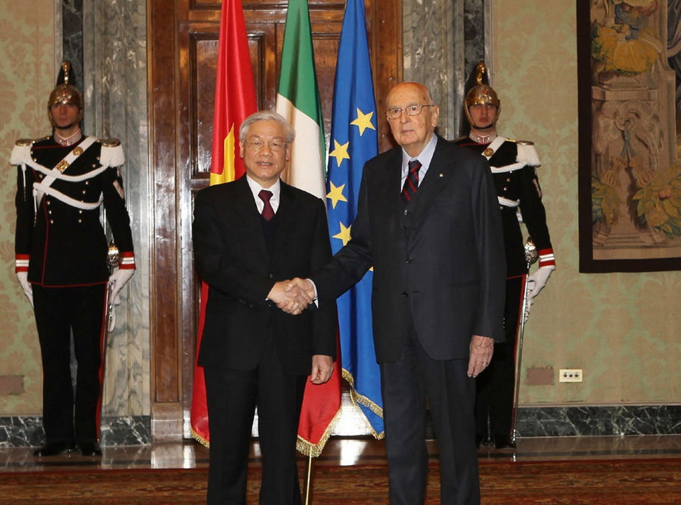 Tổng thống Giorgio Napolitano đón Tổng Bí thư Nguyễn Phú Trọng thăm cấp Nhà nước Cộng hòa Italy (Rome, 21/1/2013). (Ảnh: Trí Dũng/TTXVN)