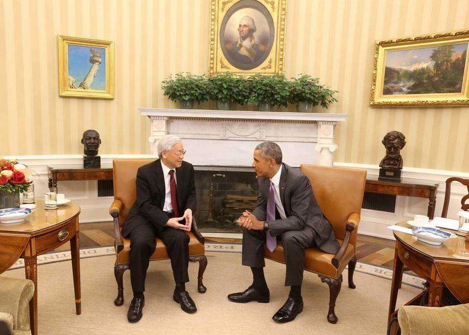 Tổng Bí thư Nguyễn Phú Trọng hội đàm với Tổng thống Hoa Kỳ Barack Obama ngày 7/7/2015, tại Nhà trắng ở Thủ đô Washington. (Ảnh: Trí Dũng/TTXVN)