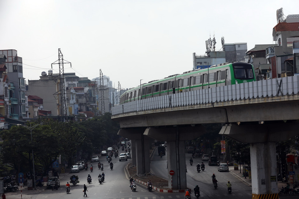 Đoàn tàu chạy trên tuyến đường Hào Nam. (Ảnh: Huy Hùng/TTXVN)