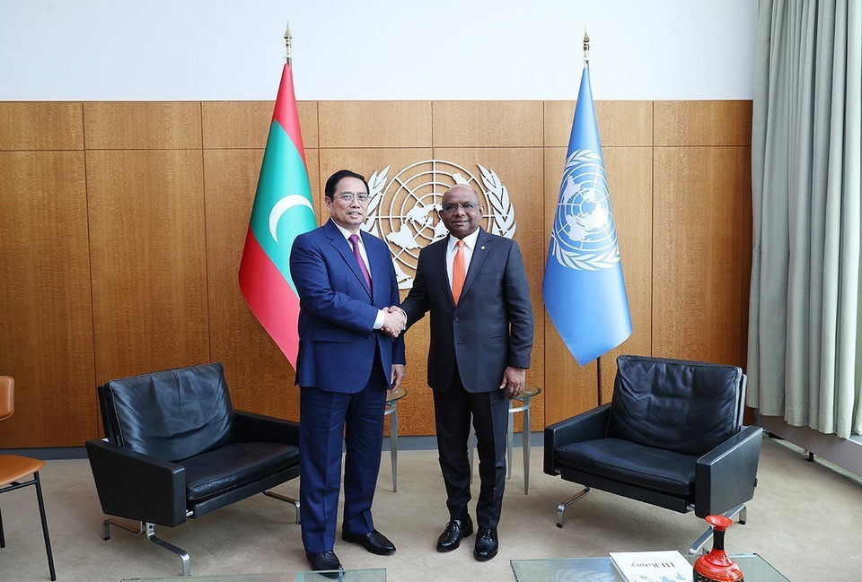 Chiều 16/5/2022 (giờ địa phương), tại New York (Hoa Kỳ), Thủ tướng Phạm Minh Chính gặp ông Abdulla Shahid, Chủ tịch Đại hội đồng Liên hợp quốc. (Ảnh: Dương Giang/TTXVN)