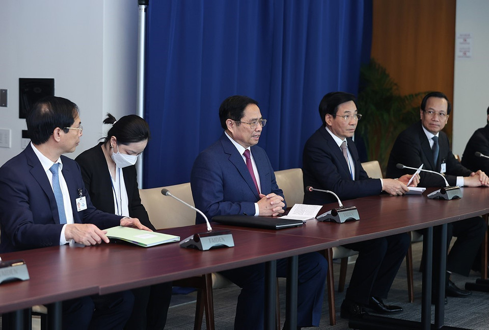 Thủ tướng Phạm Minh Chính phát biểu tại cuộc gặp bà Amina J. Mohamed, Phó Tổng Thư ký Liên hợp quốc. (Ảnh: Dương Giang/TTXVN)