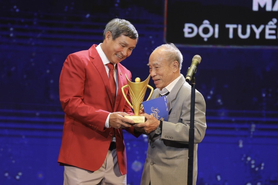 Danh hiệu Huấn luyện viên của năm được trao cho huấn luyện viên trưởng đội tuyển bóng đá nữ Việt Nam Mai Đức Chung (trái). (Ảnh: Minh Quyết/TTXVN)