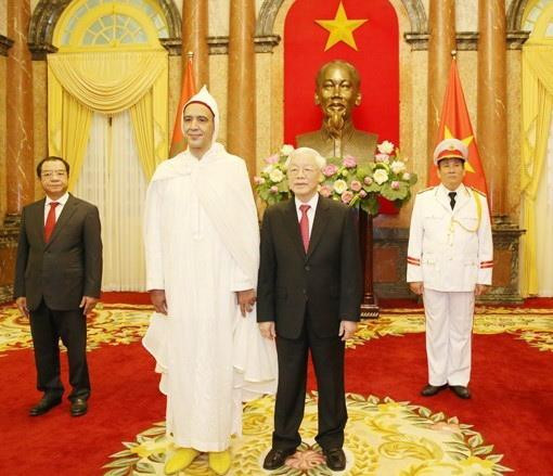 Tổng Bí thư, Chủ tịch nước Nguyễn Phú Trọng tiếp Ông Jamal Chouaibi, Đại sứ Đặc mệnh toàn quyền Vương quốc Maroc tại Việt Nam đến trình Quốc thư. (Ảnh: Trí Dũng/TTXVN)