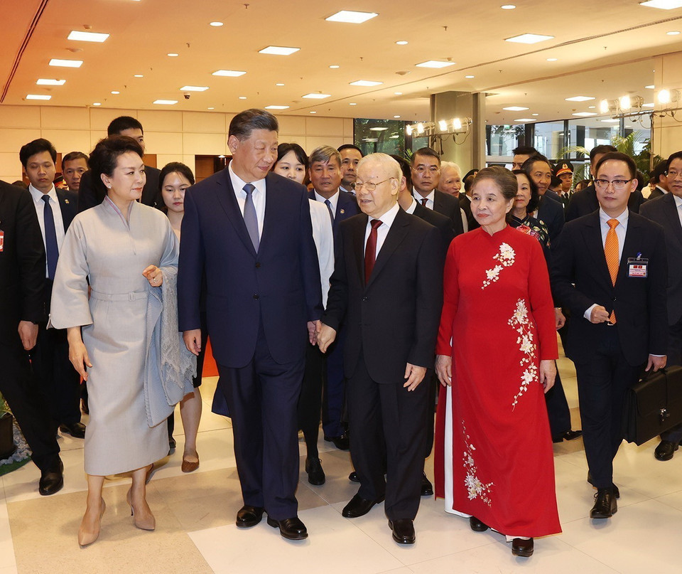 Tổng Bí thư Nguyễn Phú Trọng và Phu nhân cùng Tổng Bí thư, Chủ tịch nước Trung Quốc Tập Cận Bình và Phu nhân tại buổi Gặp gỡ. (Ảnh: Trí Dũng/TTXVN)