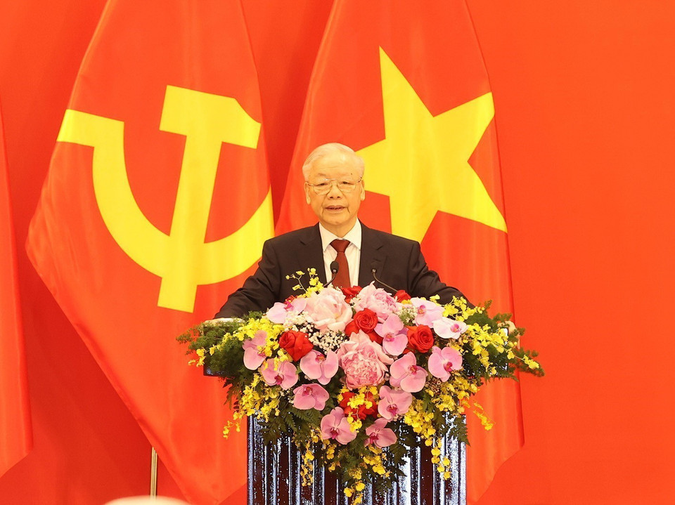 Tổng Bí thư Nguyễn Phú Trọng phát biểu tại buổi Gặp gỡ Nhân sỹ Hữu nghị và Thế hệ Trẻ Việt Nam-Trung Quốc. (Ảnh: Trí Dũng/TTXVN)