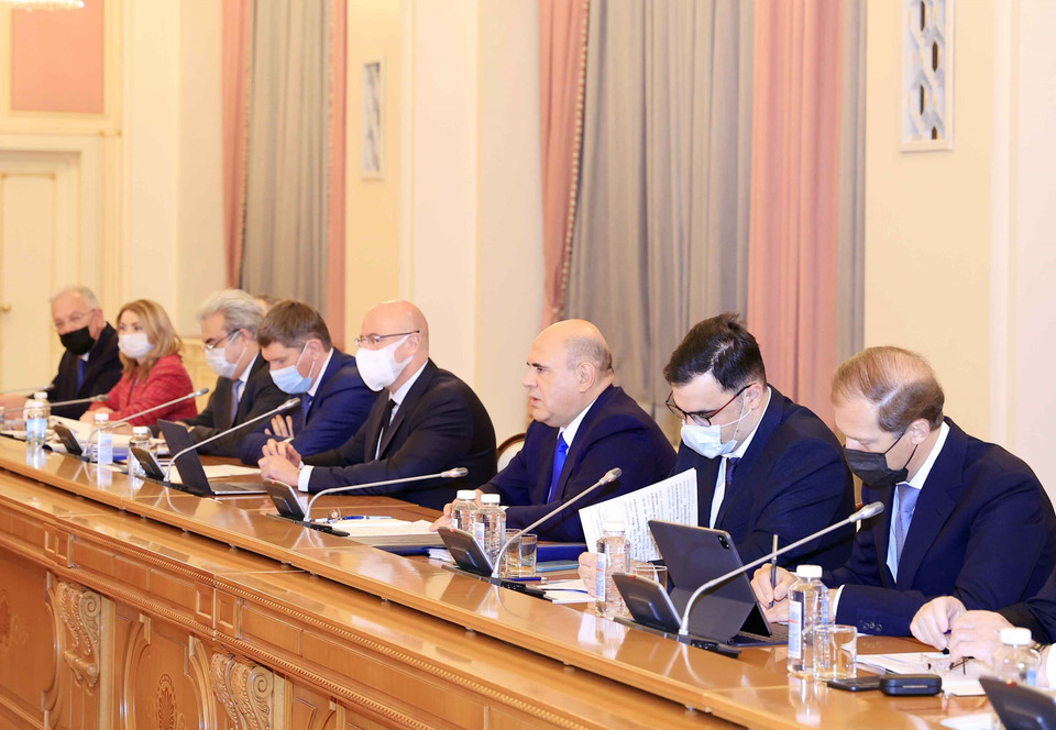 Thủ tướng Liên bang Nga M.V Mishustin phát biểu tại buổi hội kiến. (Ảnh: Thống Nhất/TTXVN)