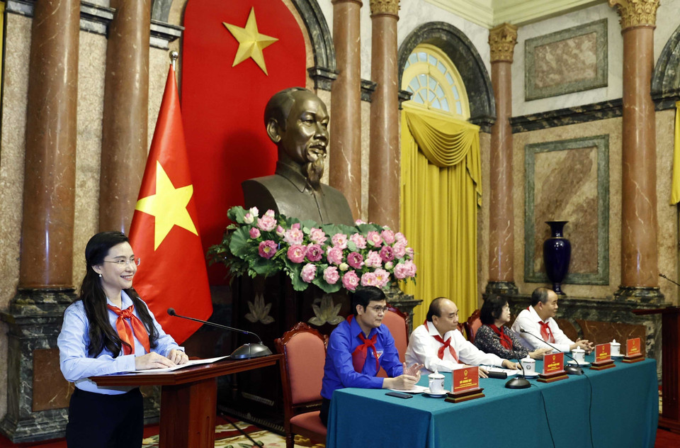 Bí thư Trung ương Đoàn, Chủ tịch Hội đồng Đội Trung ương Nguyễn Phạm Duy Trang phát biểu tại buổi gặp mặt. (Ảnh: Thống Nhất/TTXVN)