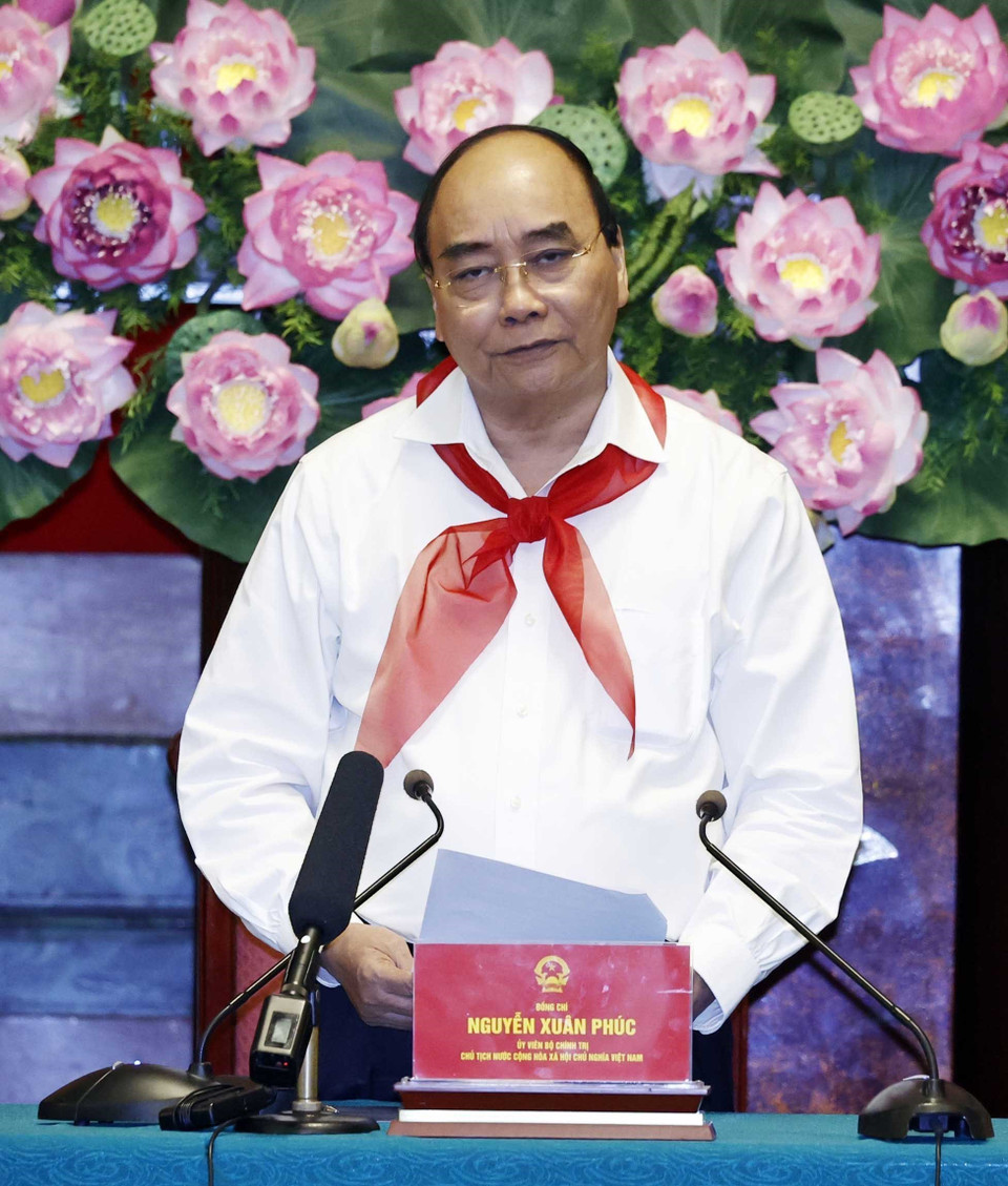 Chủ tịch nước Nguyễn Xuân Phúc phát biểu tại buổi gặp mặt. (Ảnh: Thống Nhất/TTXVN)