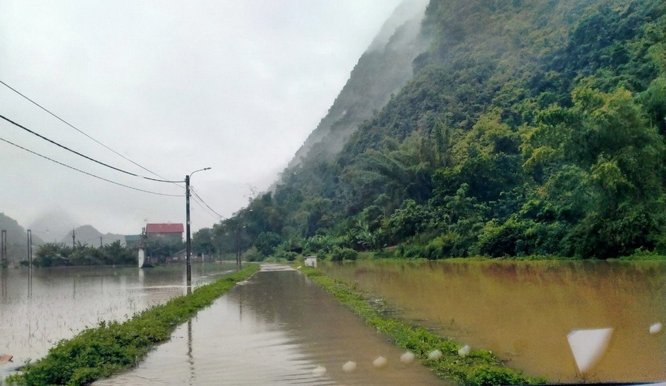 Đường giao thông và nhiều diện tích hoa màu ở xã Nam Tuấn, huyện Hòa An bị ngập trong nước lũ. (Ảnh: TTXVN phát)