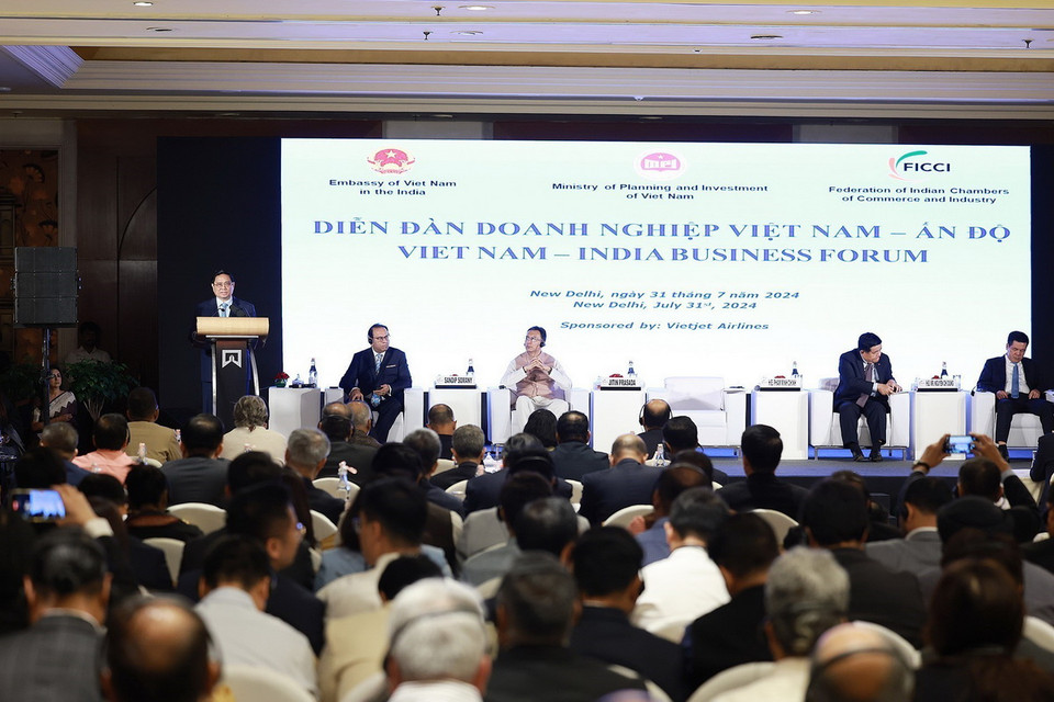 Thủ tướng Phạm Minh Chính phát biểu tại Diễn đàn Doanh nghiệp Việt Nam-Ấn Độ. (Ảnh: Dương Giang/TTXVN)