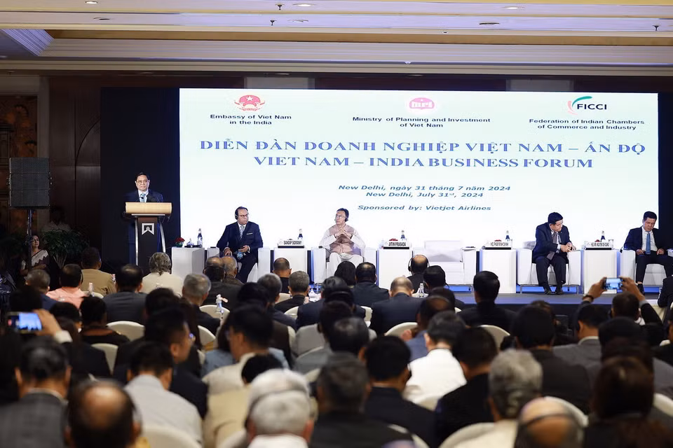 Thủ tướng Phạm Minh Chính phát biểu tại Diễn đàn Doanh nghiệp Việt Nam-Ấn Độ. (Ảnh: Dương Giang/TTXVN)
