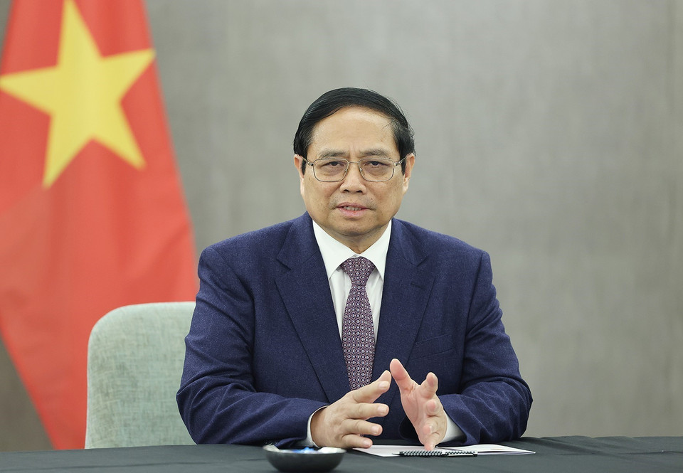 Thủ tướng Phạm Minh Chính phát biểu tại buổi tiếp một số doanh nghiệp hàng đầu của New Zealand. (Ảnh: Dương Giang/TTXVN)